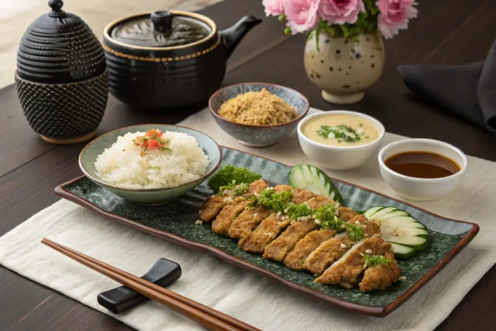 Family-style Chicken Nanban dinner table with sides.