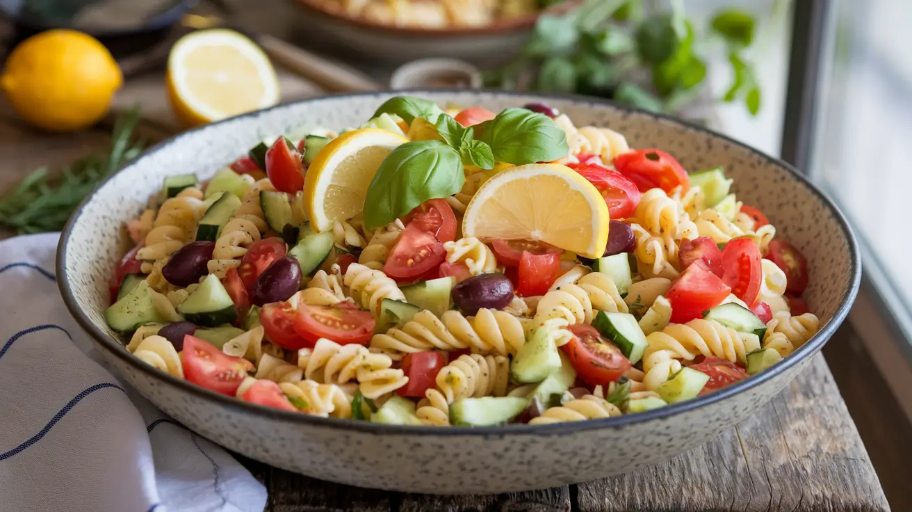 Gluten-free pasta salad with fresh vegetables and herbs in a large serving bowl.