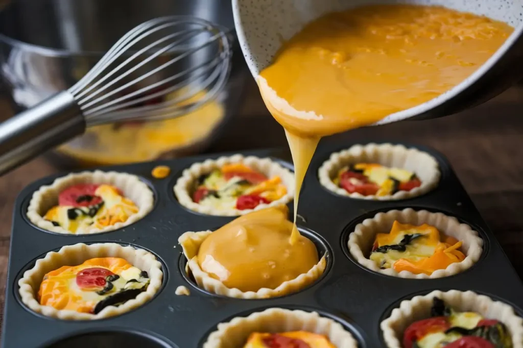 Mini quiche filling in a muffin tin