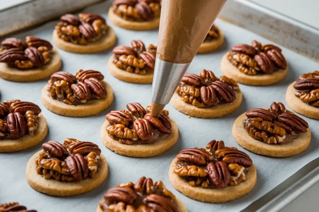 Filling cookie dough with pecan pie filling on a baking tray