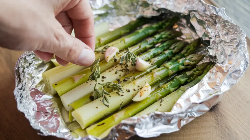 Asparagus being wrapped in foil with a sprinkle of garlic and herbs.