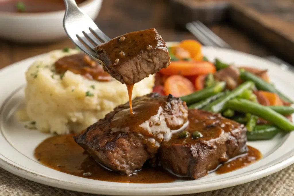 Tender Cube Steak with Gravy on Fork