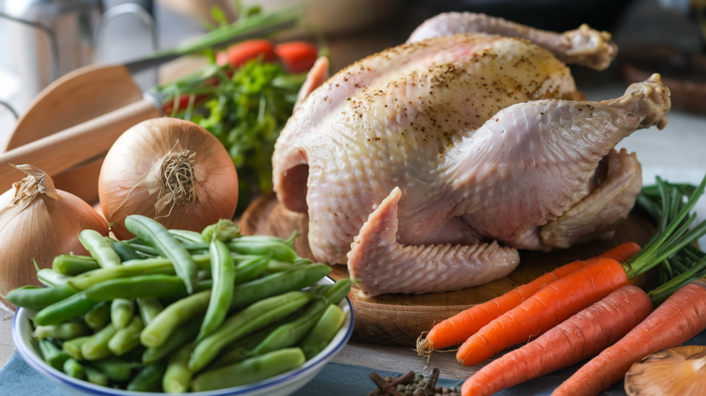 Fresh chicken breasts and green beans on a cutting board