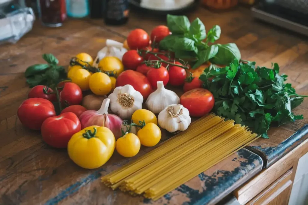 Fresh ingredients for spaghetti dish