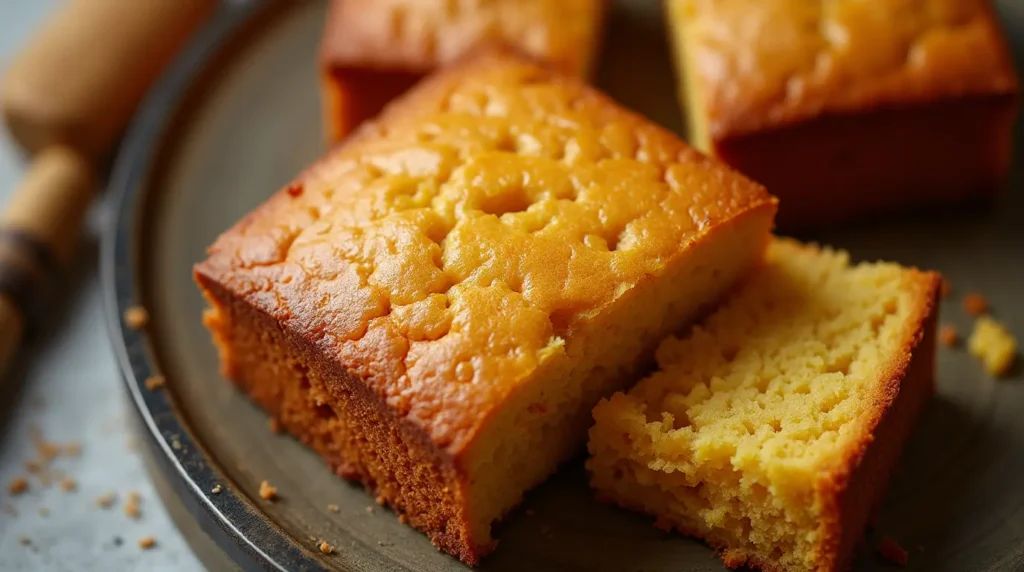 Honey cornbread served with chili and vegetables.