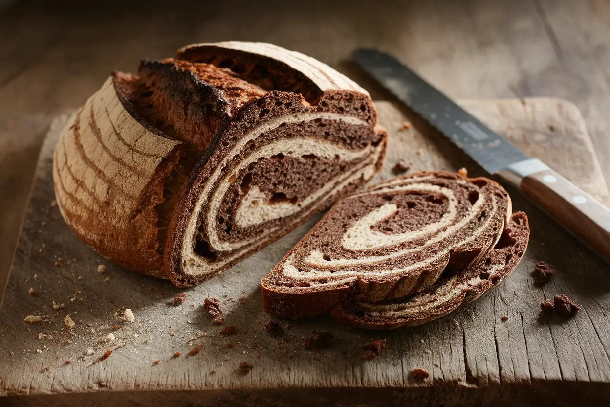 Freshly baked marble rye bread loaf with a swirl pattern on a rustic cutting board.