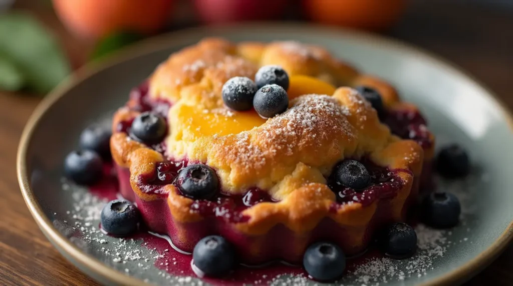 Freshly baked peach and blueberry cobbler with a golden crust