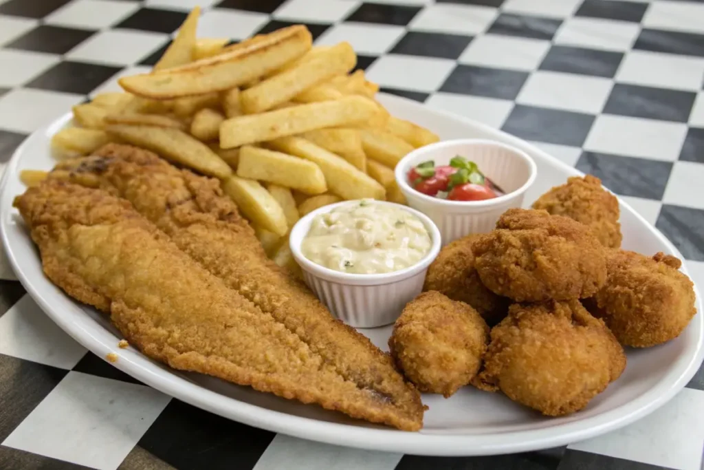 Fried catfish with hush puppies and fries