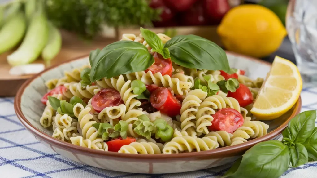 A plated gluten-free pasta salad with basil leaves and a lemon wedge on a ceramic plate.