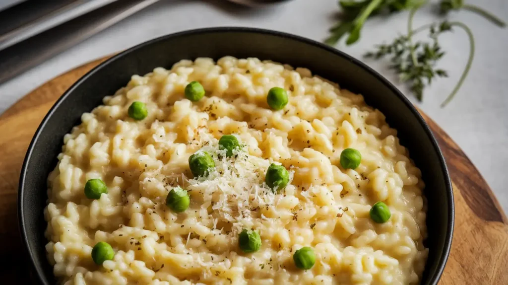 Ingredients for gluten-free risotto on a kitchen countertop: arborio rice, mushrooms, and Parmesan.