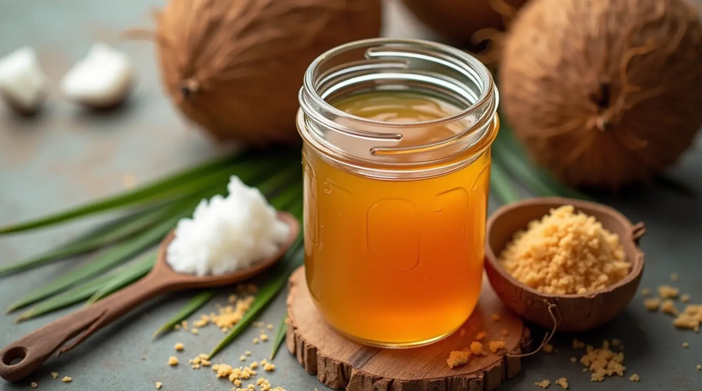 Glass jar of golden coconut syrup with fresh coconuts and sugar