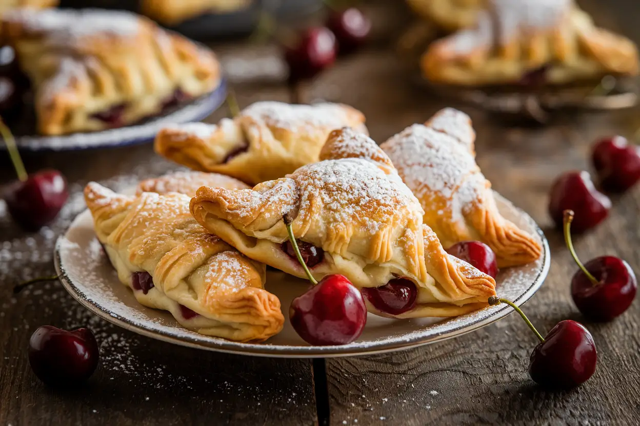 Golden-brown cherry turnovers with powdered sugar on a rustic table.