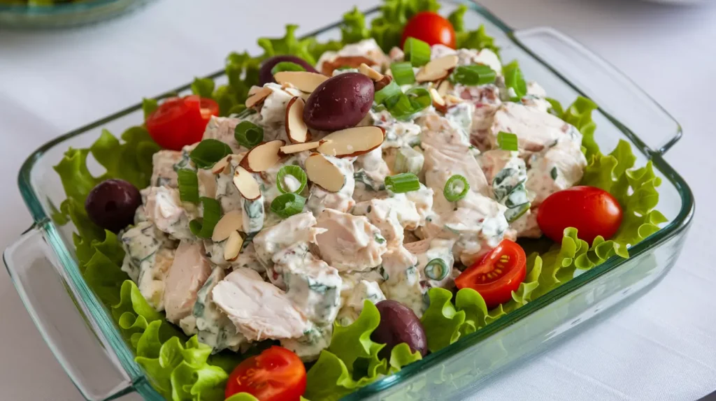 Creamy chicken salad with Greek yogurt, almonds, and green onions.