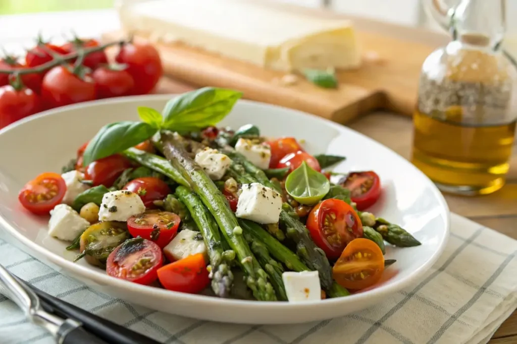 Grilled asparagus salad with tomatoes and feta
