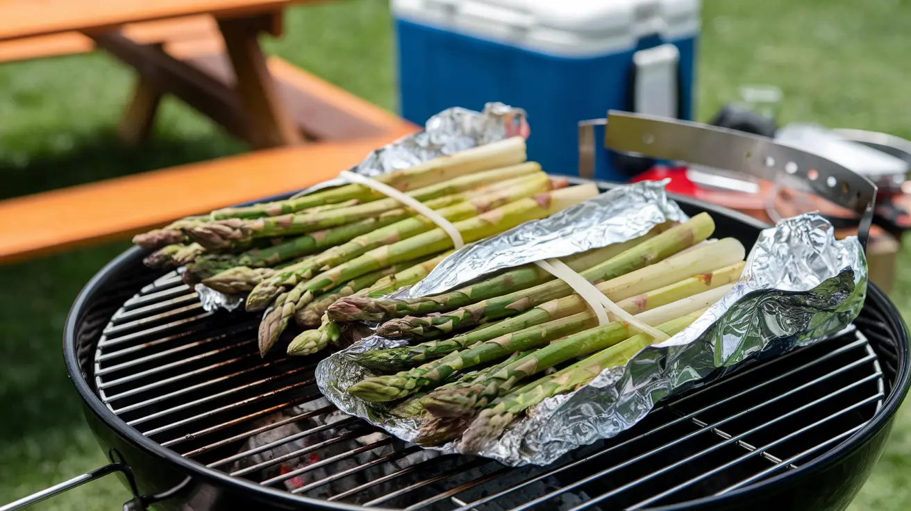 A bundle of grilled asparagus wrapped in foil with char marks on a barbecue grill.