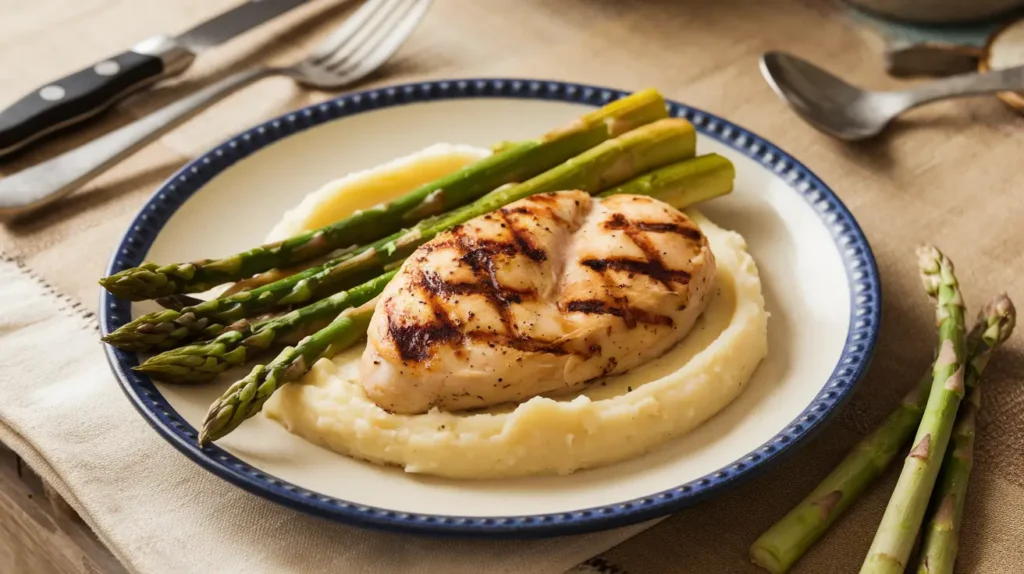  plate of grilled asparagus next to grilled chicken breast and mashed potatoes