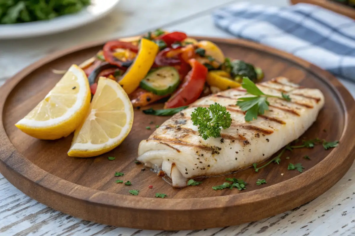 Grilled calamari steak with lemon and vegetables.