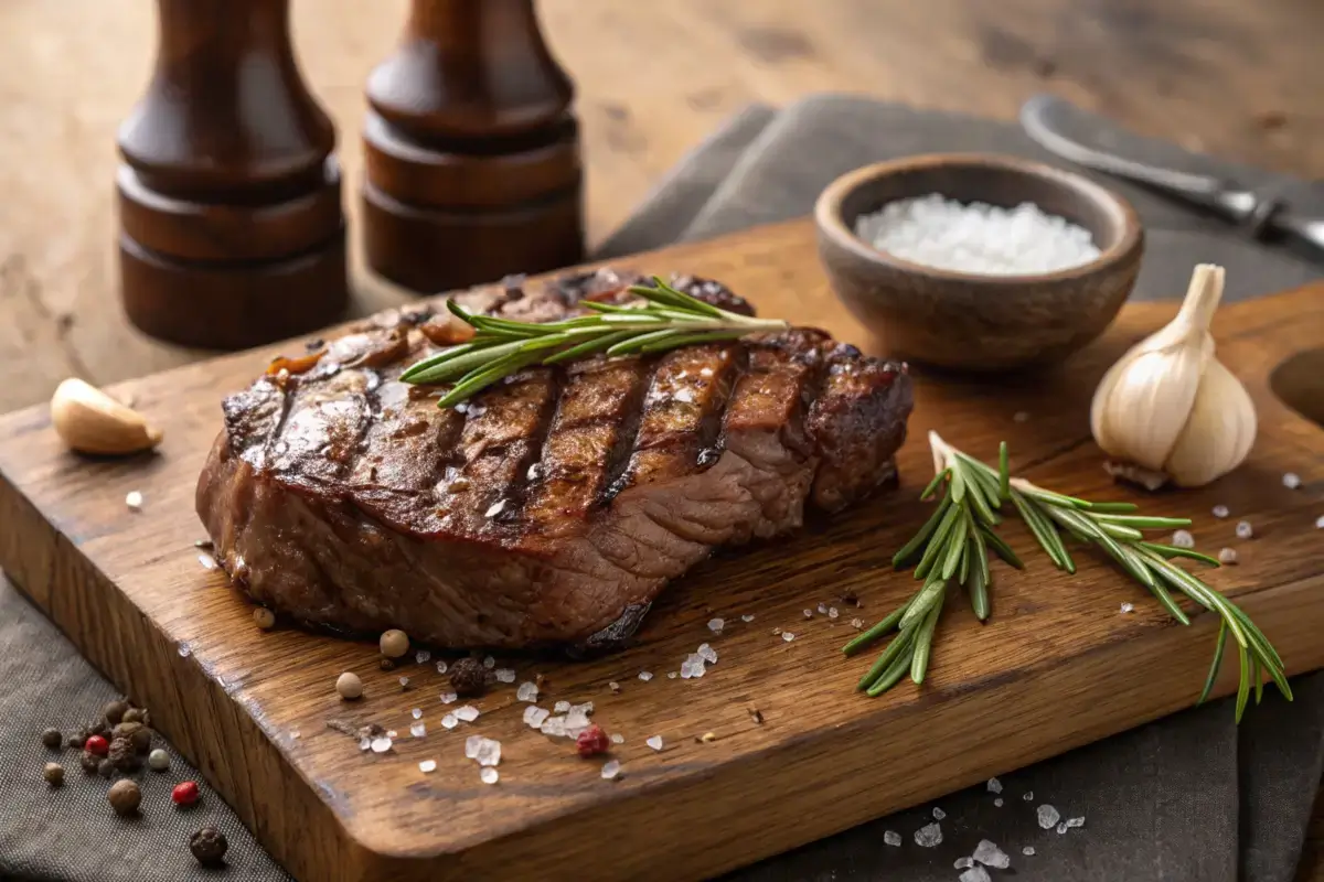 Juicy grilled chuck eye steak with garlic and rosemary.