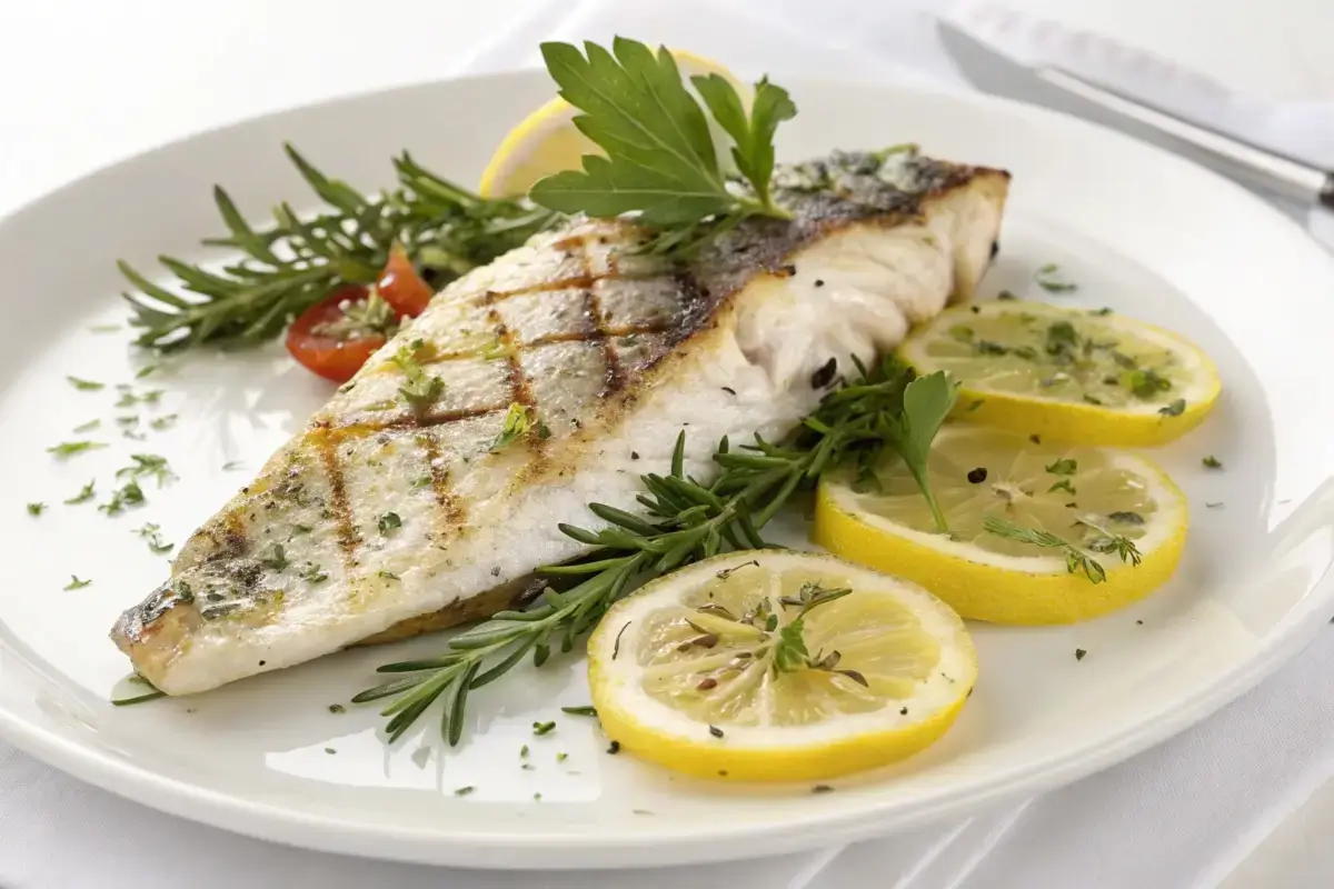 Grilled rockfish served with herbs and lemon.