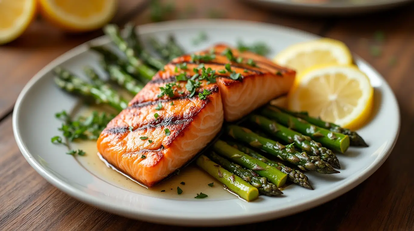 Grilled salmon with roasted asparagus and lemon on a wooden table.