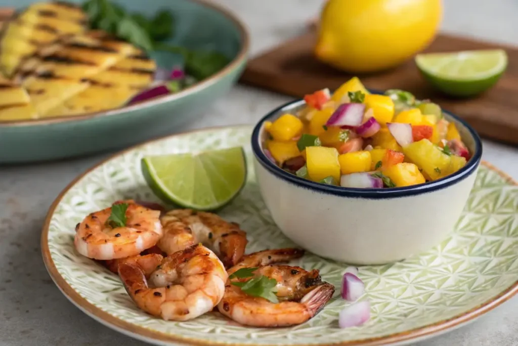 Mango salsa served with grilled shrimp.