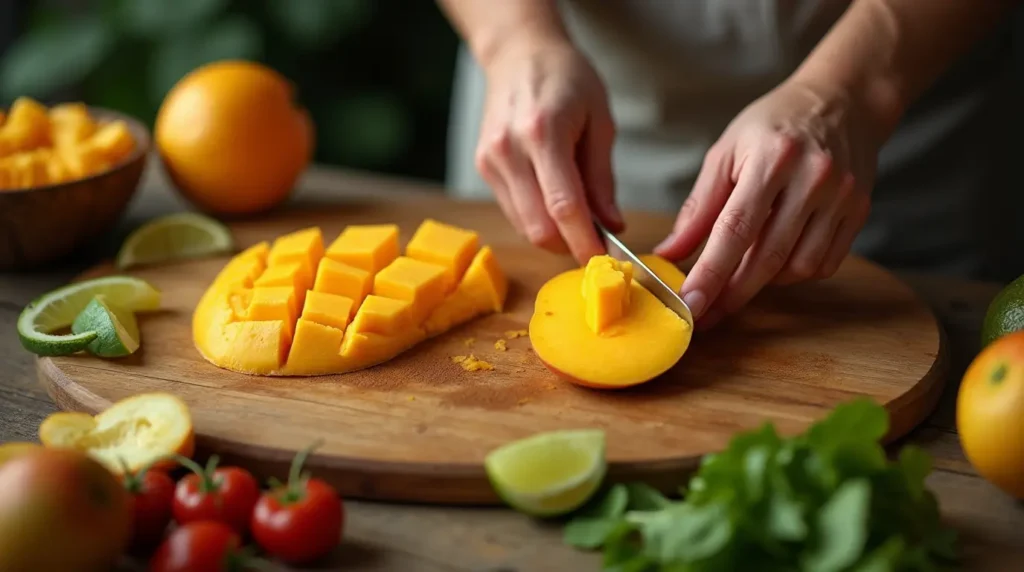 Hands slicing mango for Mexican fruit salad preparation.