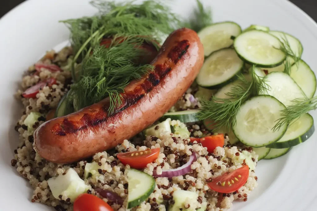 Quinoa salad with fresh herbs and cucumber dill salad served next to grilled bratwurst.