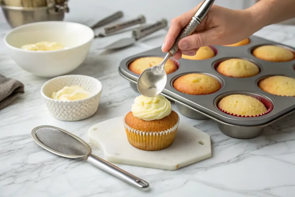 Hollowing out a cupcake with a spoon for fillings.