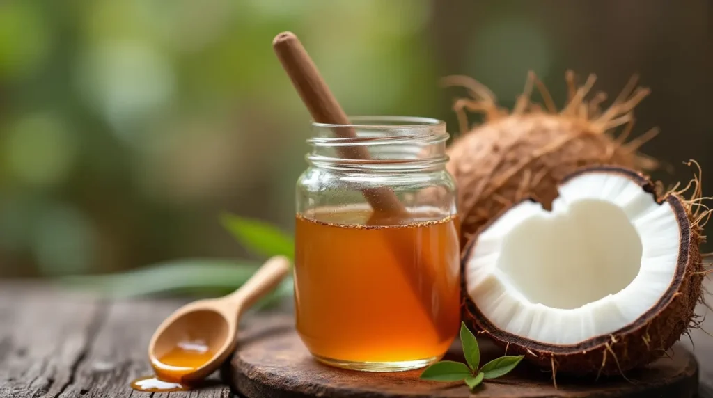 Homemade coconut syrup in a jar with fresh coconut sap.