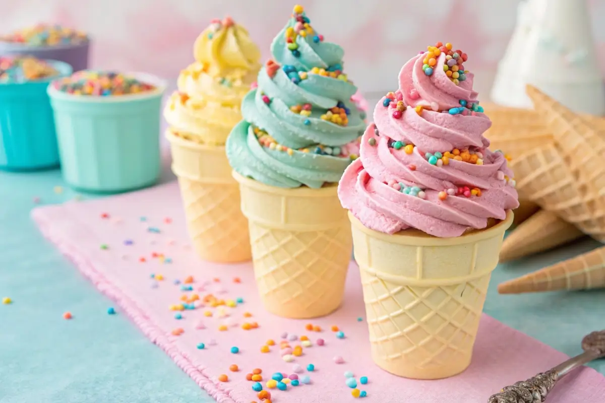 Colorful ice cream cone cupcakes with sprinkles