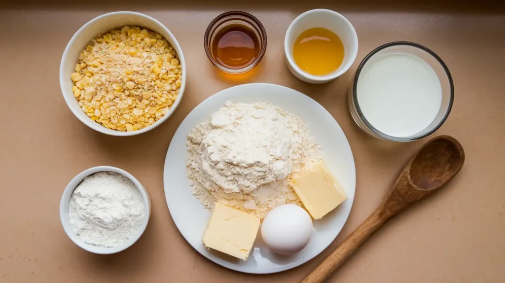 Ingredients for making honey cornbread laid out on a kitchen counter.