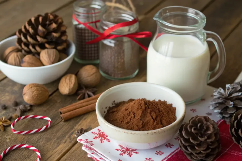 Hot cocoa ingredients like cocoa powder, cinnamon, and milk.