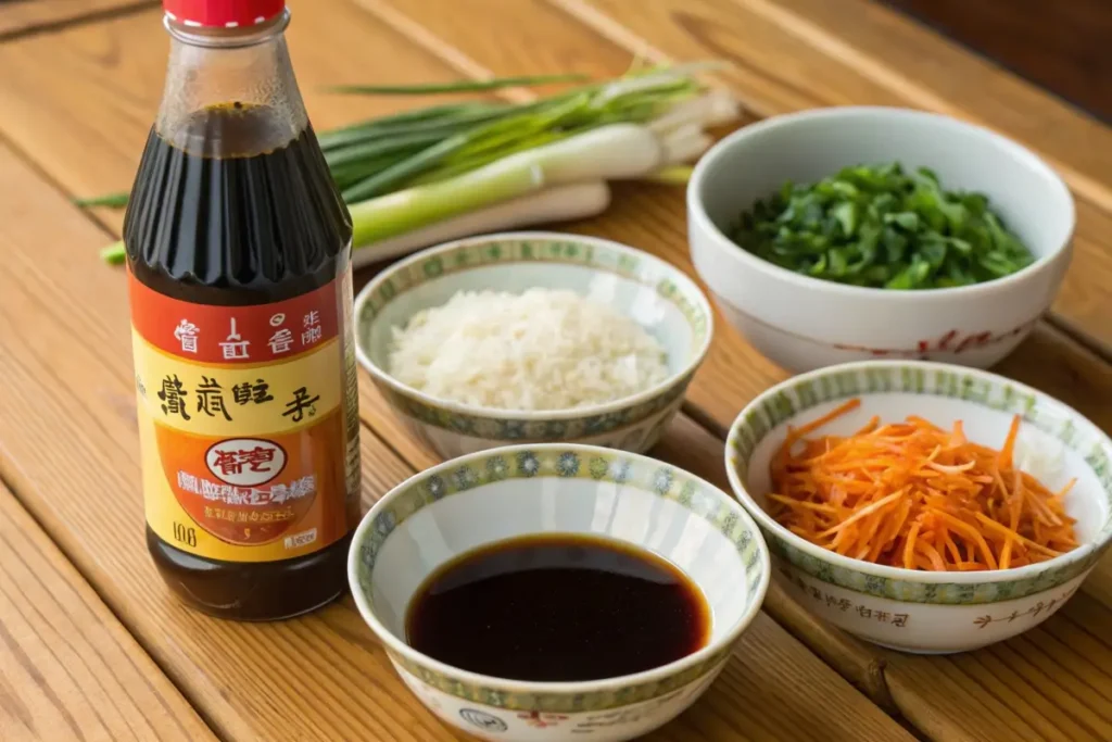 Ingredients for Nanban sauce on a wooden table