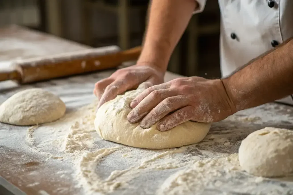 Baker kneading dough for rising recipes.