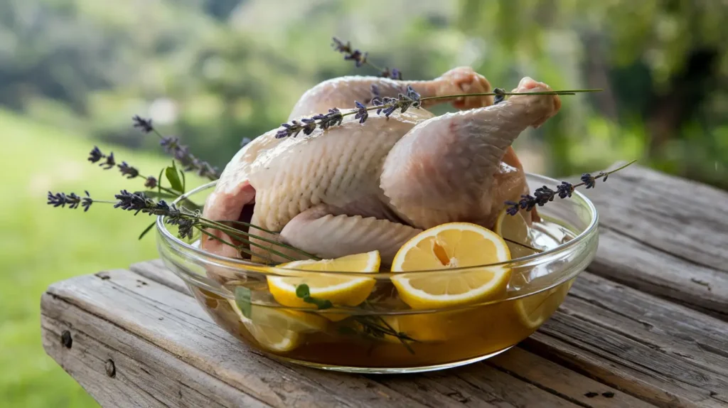 Raw chicken marinated with lavender, lemon, and honey in a glass bowl.