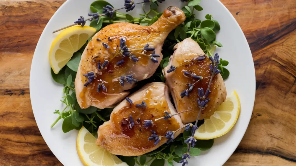 Pan-seared chicken with lavender honey glaze and lemon slices.