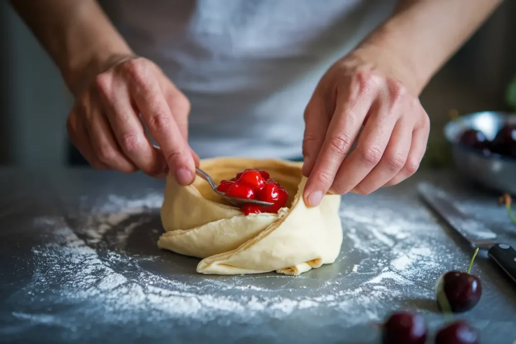 Folding puff pastry with cherry filling on a floured surface.