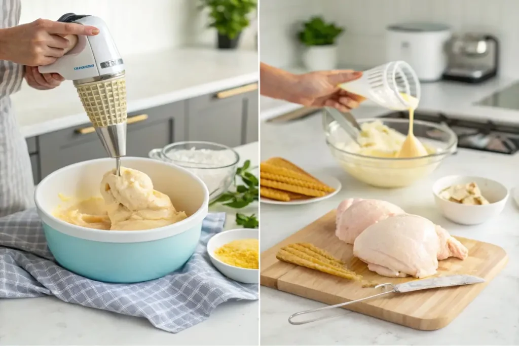 Steps in making chicken ice cream, from pureeing to churning