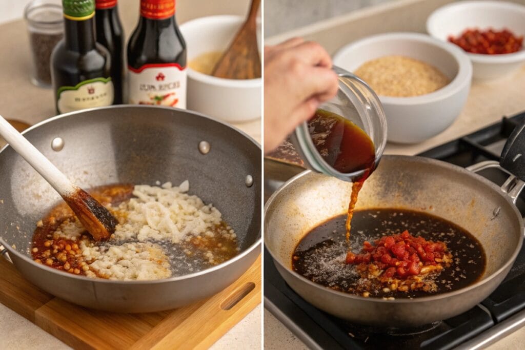 Preparing Nanban sauce on a stovetop
