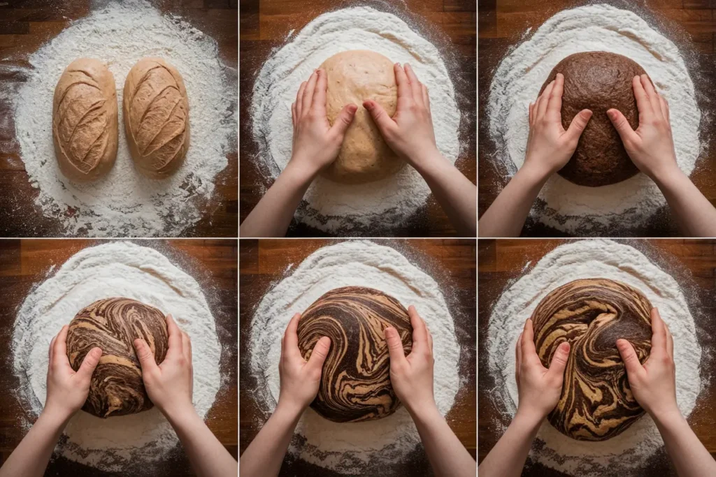 Marbling process of dark and light rye dough to make marble rye bread.