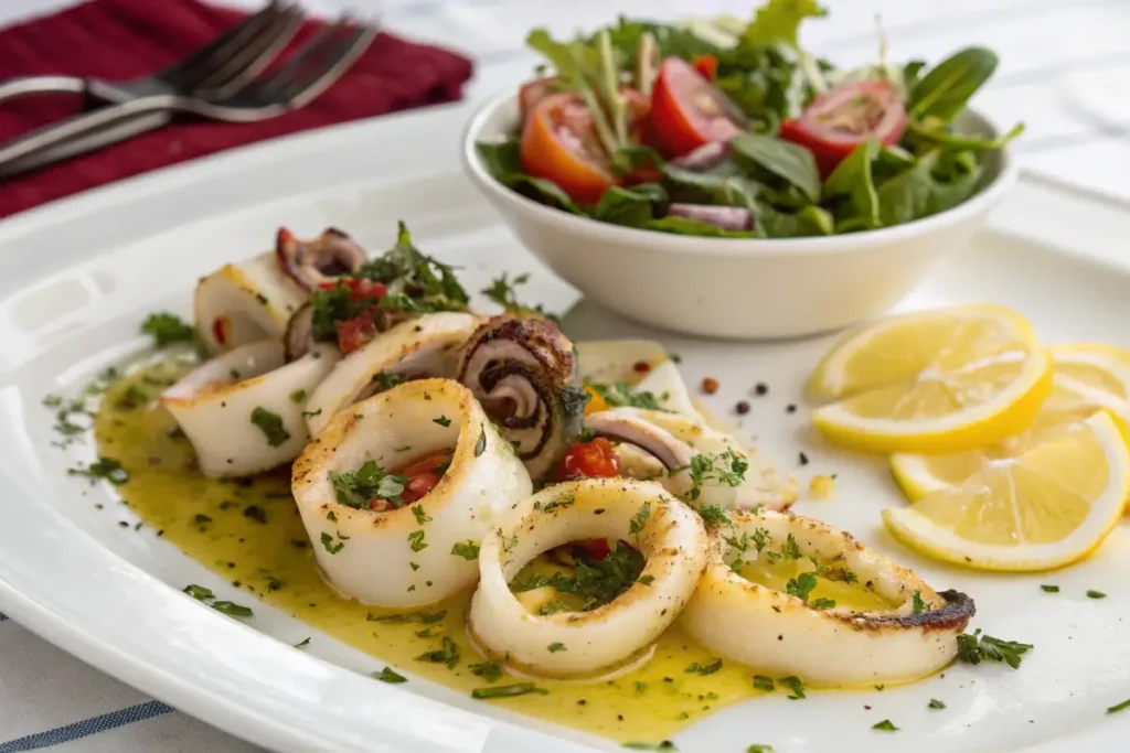 Grilled calamari with olive oil and herbs served with a fresh side salad.