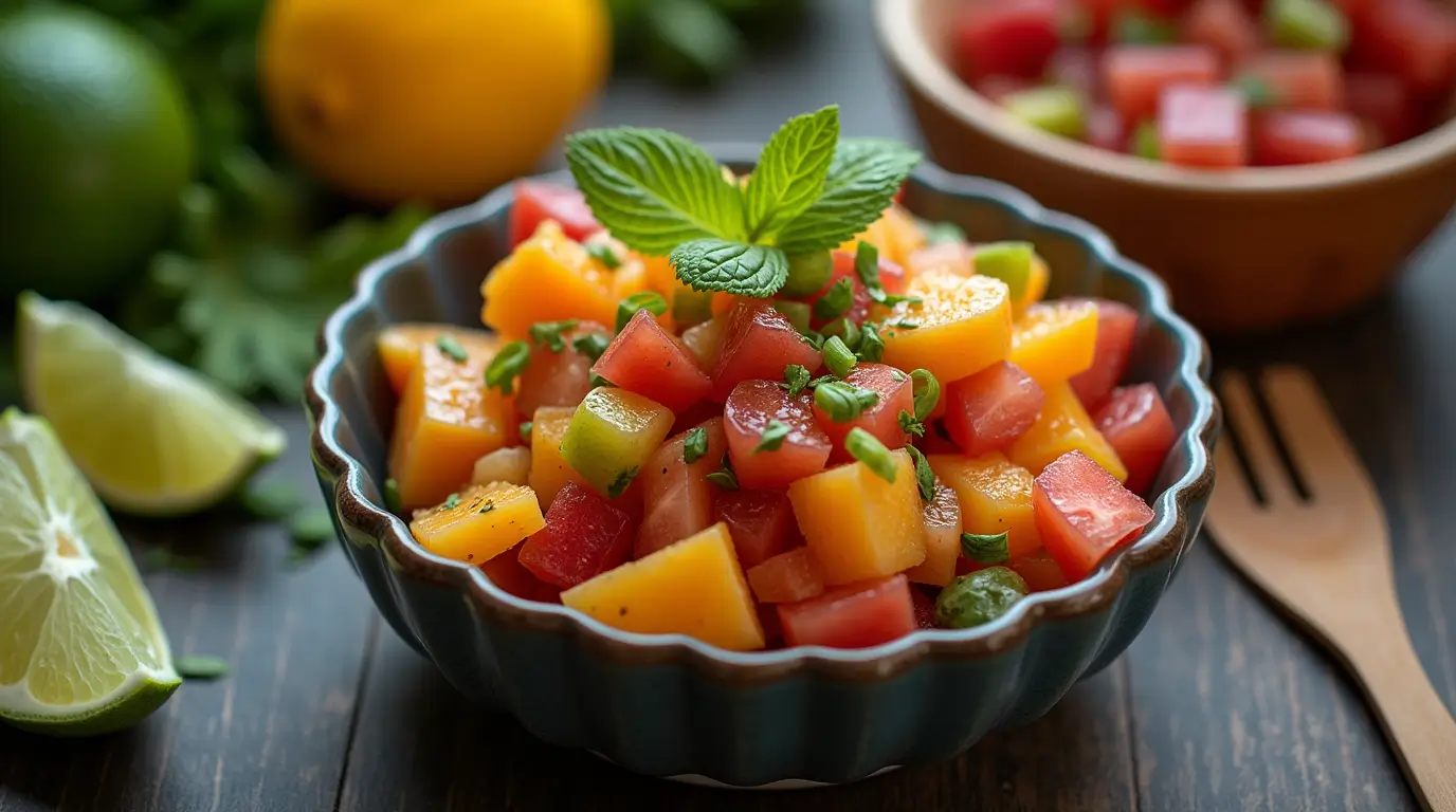 Fresh Mexican fruit salad with lime, Tajín, and chamoy.