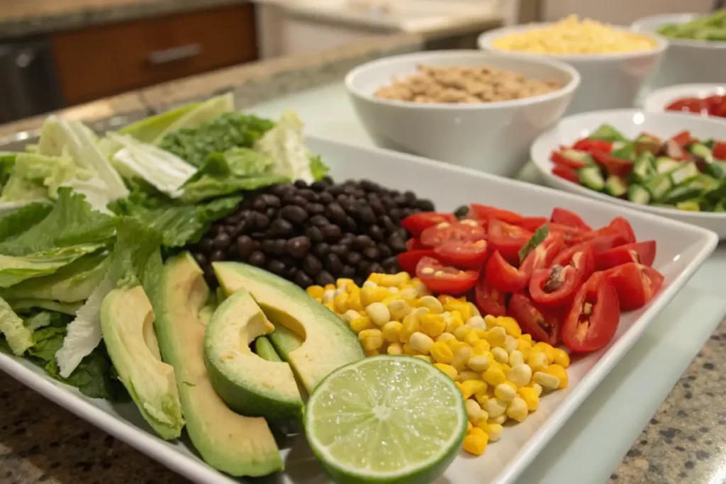 Fresh Mexican salad ingredients laid out on a countertop.