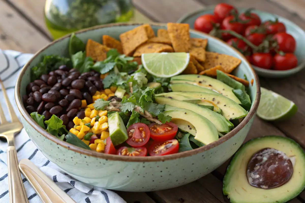 Vibrant Mexican salad with avocado, black beans, and tortilla strips.