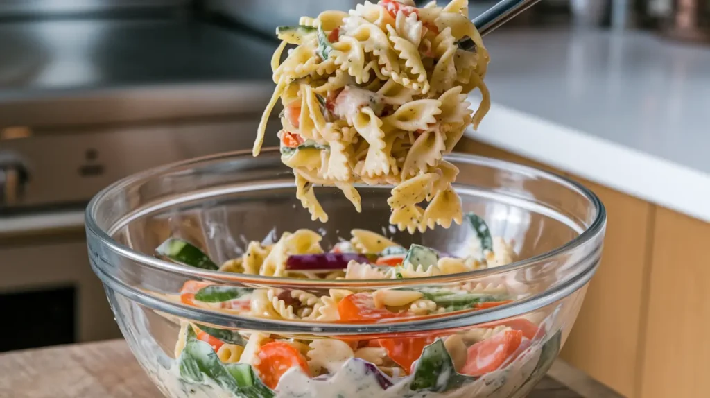 Close-up of gluten-free pasta being tossed with creamy dressing and vegetables.