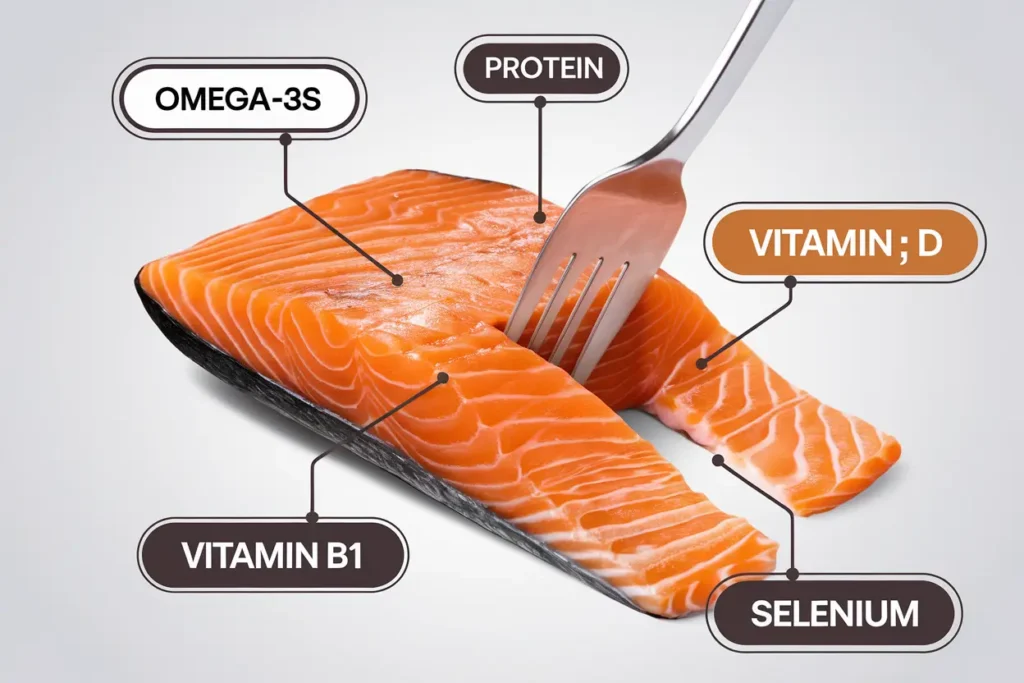 Nutritional infographic of a salmon fillet.