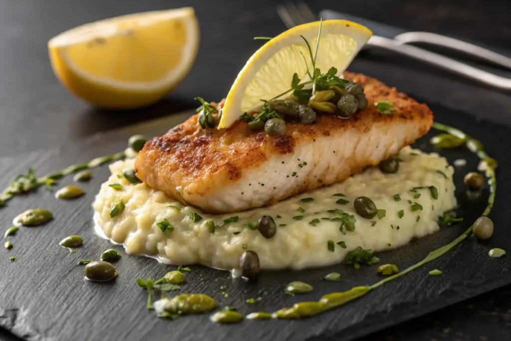 Pan-fried calamari steak on lemon risotto.