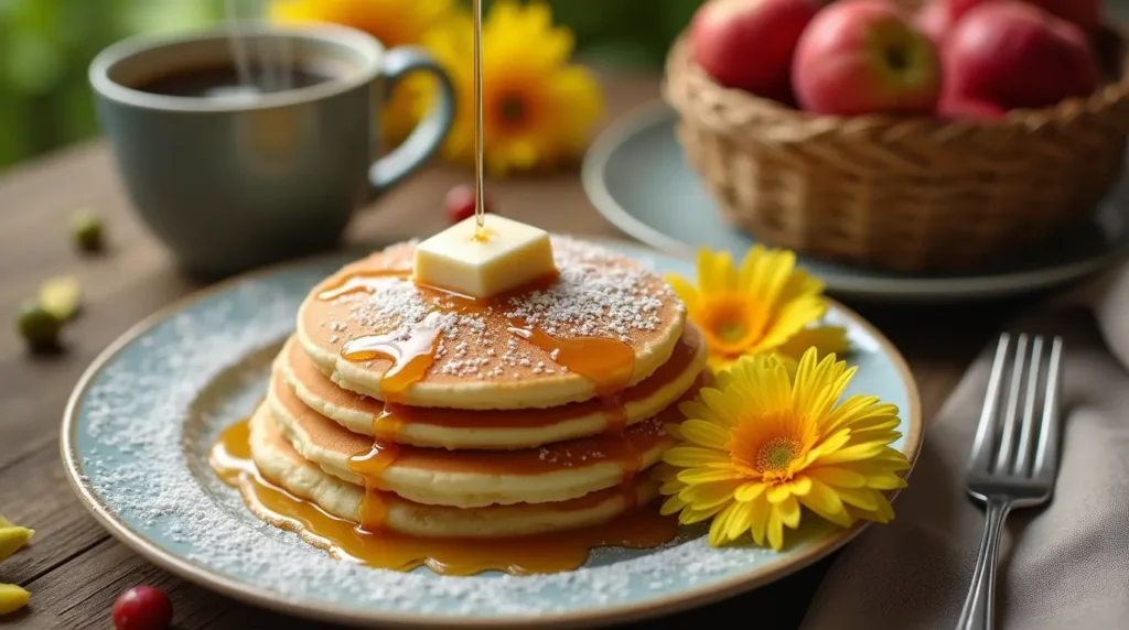 Pancakes drizzled with coconut syrup on a breakfast table