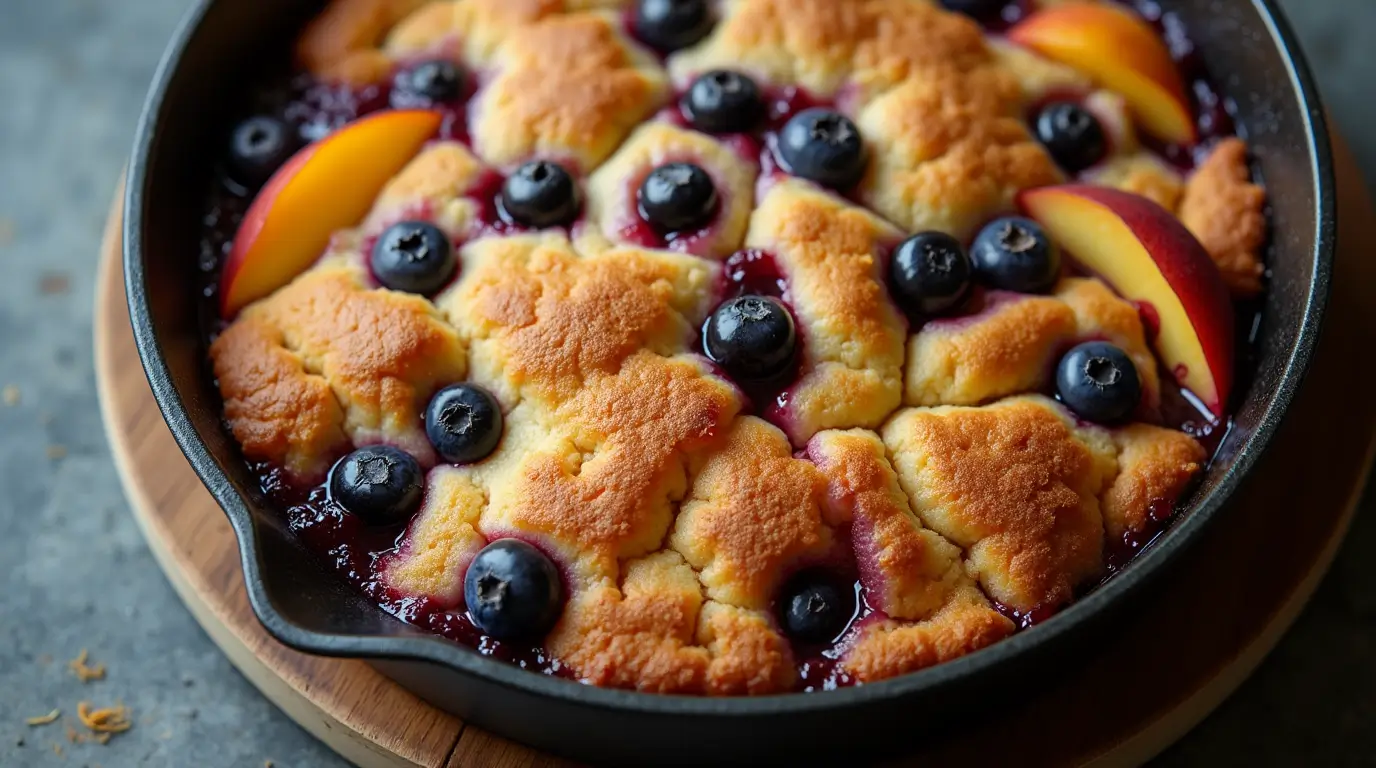 Peach and blueberry cobbler served in a rustic baking dish.