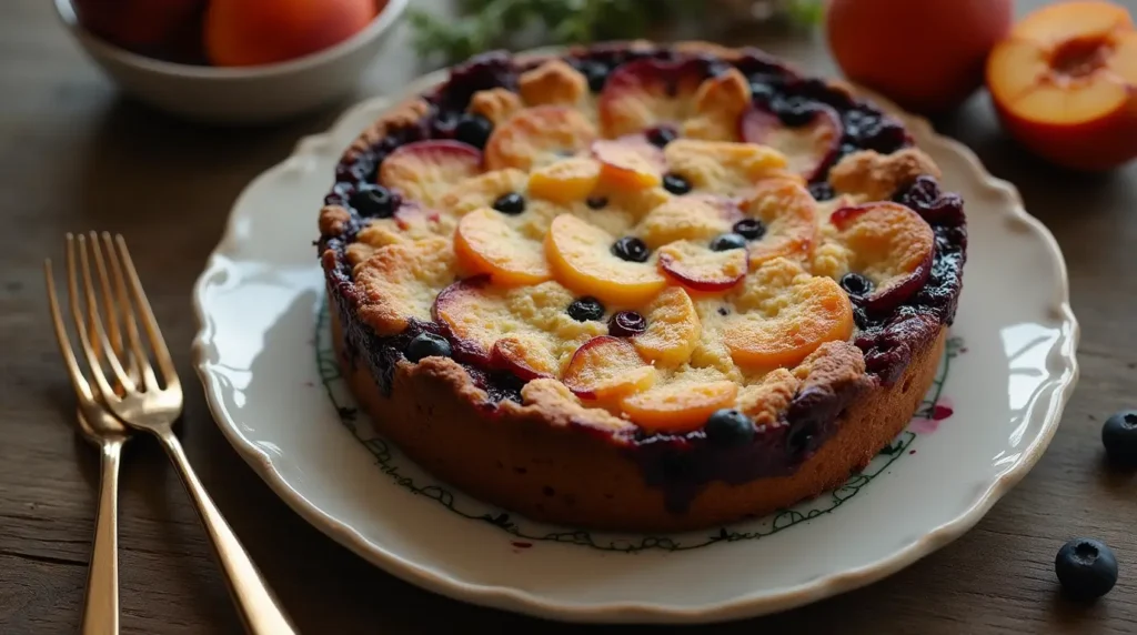 Unbaked peach and blueberry cobbler in a ceramic dish.